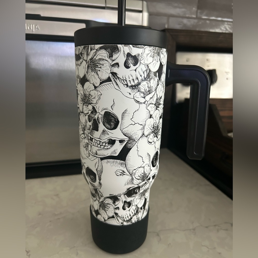 Black Skull and Floral Travel Mug